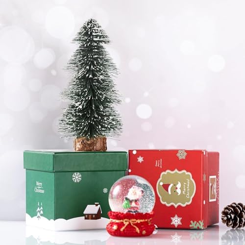 3 Pack Mini Christmas Trees with Snow & Wood Base - 4 Inch Bottle Brush Desktop Decor for Xmas, Holiday, Office, Shelf, or Tabletop - Festive Miniature Holiday Decorations Gift Set