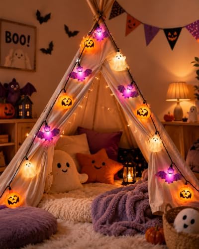 8.5FT Halloween Pumpkin Bat Ghost Lights, Plug-in 10 LED Decor