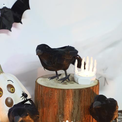 ATDAWN 6 Pack Halloween Birds - Realistic Black Feathered Crows, 7.9" from Beak to Tail Feathers, Halloween Decoration Props for Outdoor & Indoor, Party Supplies, Haunted House, Graveyard Displays