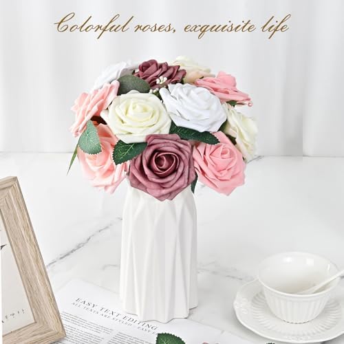BLEUM CADE 36Pcs Artificial Flowers Fake Foam Roses with Stems for Wedding