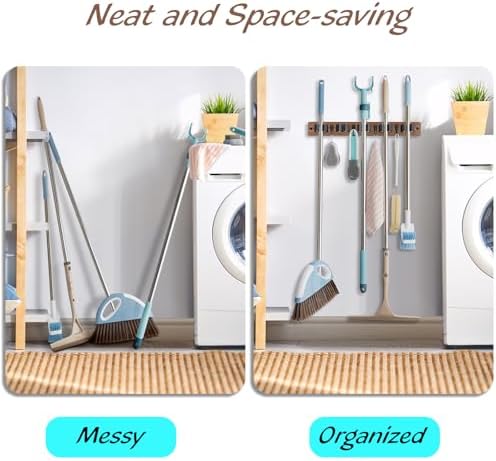 OUTNILI Mop and Broom Holder Wall Mount - Wood Broom Mop Hanger - Wall Mounted Garden Tool Rack Organizer for Closet