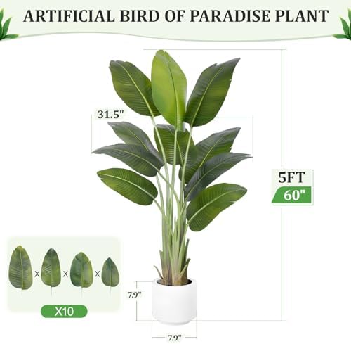 Artificial Bird of Paradise Plant 5Ft Tall Fake Tropical Palm Tree Large Fake Plants with 10 Silk Banana Leaves Faux