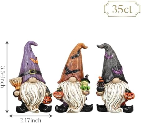 Valery Madelyn Gnomes Halloween Decorations Indoor, 3 Pcs Resin Gnome Decor for Home with Bat Witch Hat, Halloween Figurines Elf Dwarf with Broom Jack O Lantern for Table Tiered Tray Outdoor, 3.6"