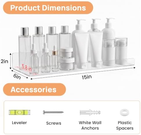 upsimples 15" x 6" Acrylic Shelves for Wall Storage and Organizer, 4 Pcs