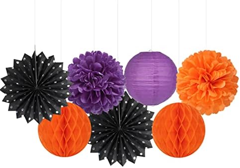 Black Orange Purple Halloween Party-Decorations - 14pcs Kits Paper Lanterns Fan,Tissue Flower Pom Poms Streamers,Honeycomb Balls,Graduation Birthday Wedding Baby Bridal Shower Decor Lasting Surprise