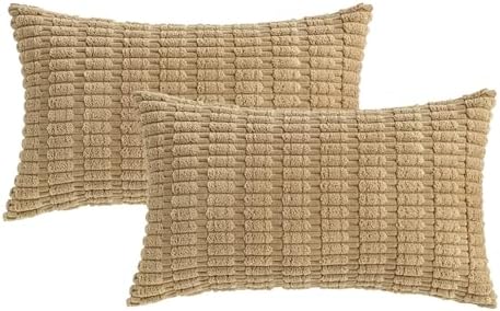 MIULEE Lumbar Corduroy Decorative Throw Pillow Covers 12x20 Khaki Pack of 2
