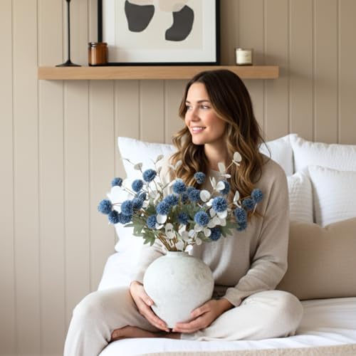 Faux Dusty Blue Flowers, Blue and White Floral Stems For Centerpieces, Fake Mums Artificial Flowers, Flores Azules