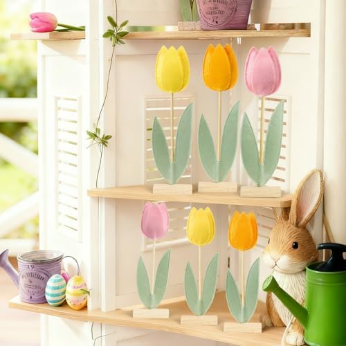 SUNBEAUTY 6Pc Tulips Flower Table Decoration Tulip Felt Centerpiece Pink Yellow Orange Mothers Day Decorations Tabletop Signs for Easter Garden Home Party Classroom Teacher Table Decor