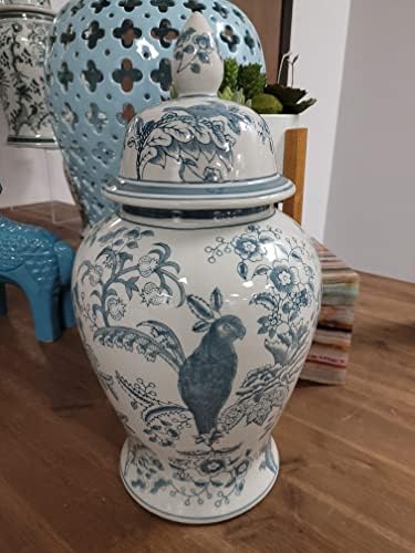 Galt International Dark Teal Parrot Floral Chinoiserie Ceramic Temple Jar 18" w/Lid - Ginger Jar Home & Kitchen Decor