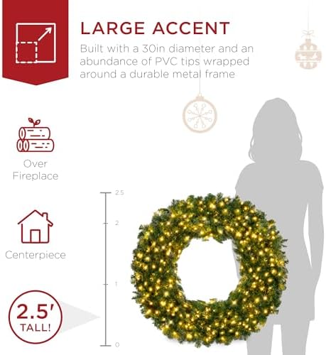 Best Choice Products 30in Large Artificial Pre-Lit Fir Christmas Wreath Holiday Accent Decoration w/ 100 LED Lights, 220 PVC Tips