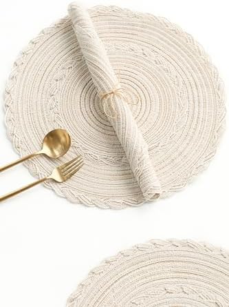 Floroom 15 Inch Round Braided Placemats Set of 4, Washable Heat Resistant Cotton Polyester Circle Boho Place Mats for Kitchen Dining Table - Canvas Beige Bordered