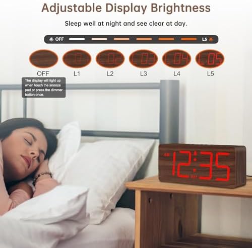 DreamSky Wooden Digital Alarm Clock for Bedroom with Large Numbers