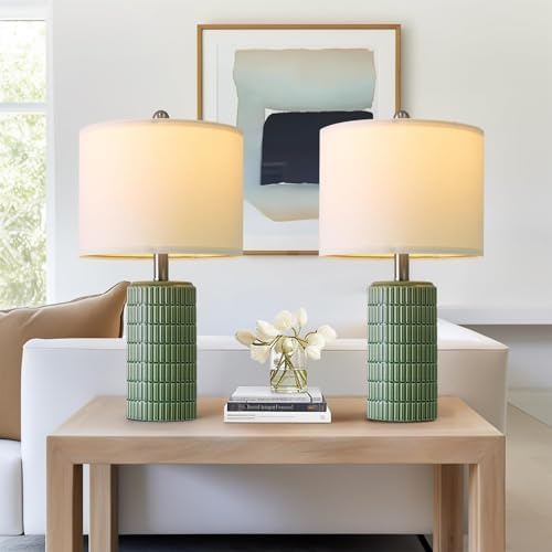PoKat 20.75" Small Modern Ceramic Table Lamps Set of 2 for Bedroom, Green Bedside Lamps for Night Stands, Farmhouse