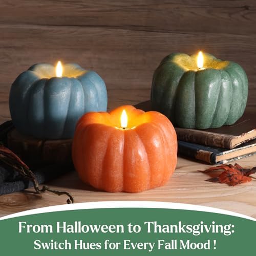 Eywamage Green Pumpkin Fall Flameless Candle with Remote, Halloween Decor