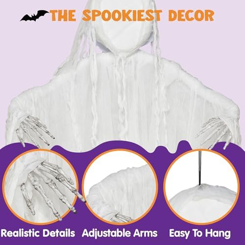 JOYIN 63” Halloween Hanging Ghost Decorations Outdoor, White Faceless Grim Reaper in White Horror Robe for Halloween Tree Yard Party Outside Hanging Decorations Party Supplies