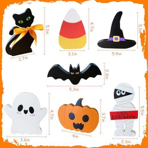 Cute Halloween Decorations Indoor: 7PCS Wooden Tiered Tray Decor Table Sign - Pumpkin Ghost Bat Black Cat Mummy Witch Hat Candy Corn Freestanding Signs for Party Home Mantel Shelf Display