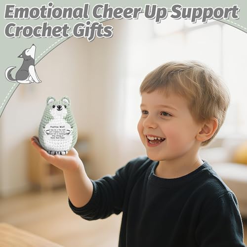 Mini Wolf Positive Crochet Animals Gift Emotional Support Crochet Wolf with Positive Card for Women Men Inspirational Handmade Birthday Funny Gift for Office Home Desk Decor