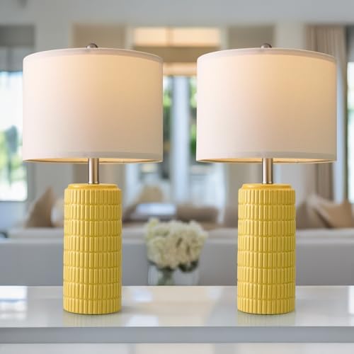 PoKat 23" Yellow Table Lamps Set of 2, Modern Living Room End Table Lamps Decor, Ceramic Lamps for Living Room