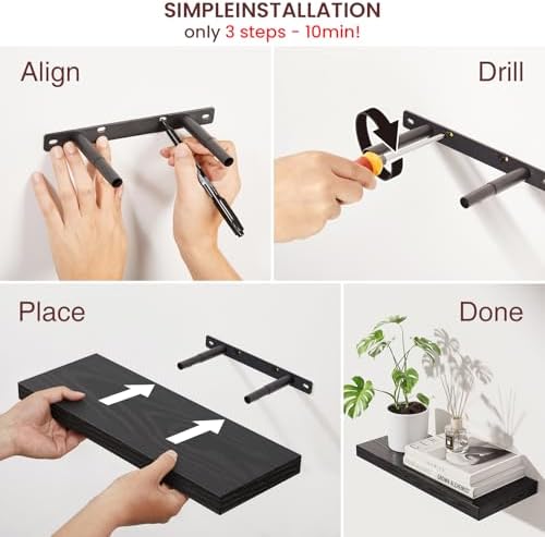 BAYKA Black Floating Shelves 15.7in, Set of 4, Wall Mount Rustic Wood Shelf