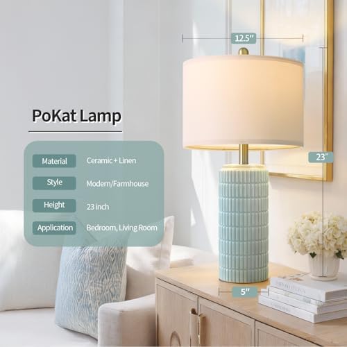 PoKat 23" Light Blue Table Lamps Set of 2, Modern Bedside Lamps for Bedroom, Coastal Ceramic End Table Lamps for Living