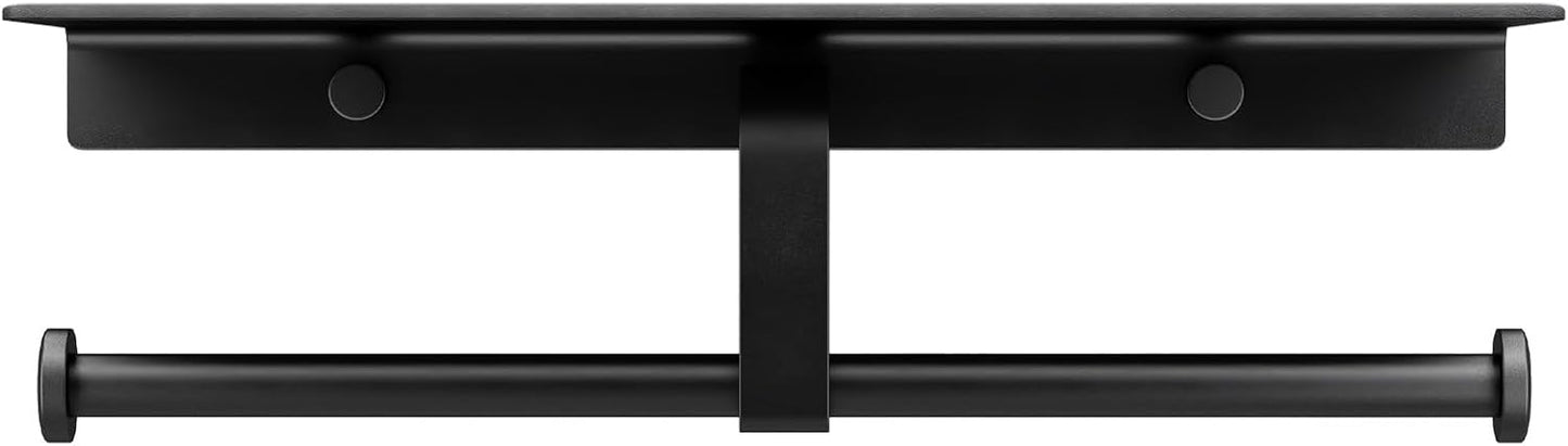 Matte Black Toilet Paper Holder with Shelf, Wall-Mounted Bathroom Organizer, Double Roll