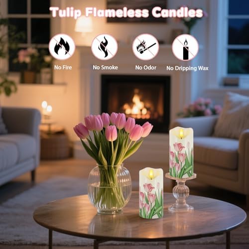 Tulip Flameless Candles Set of 2, 6"x3" Spring Candles with Remote & Timer