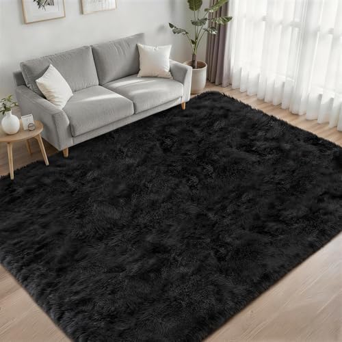 Area Rug Living Room Bedroom: 5x7 Fluffy Plush Shag Carpet Black