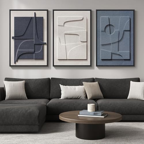 Large Framed Blue Abstract Wall Art for Living Room, Modern 3D Artwork