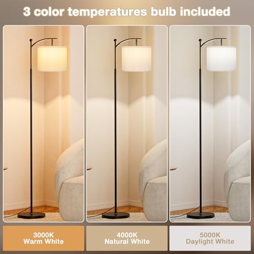 Ambimall 60" Floor Lamp with 3 Color Temperatures, Adjustable White Shade, Black Pole - Tall Lamp for Living Room