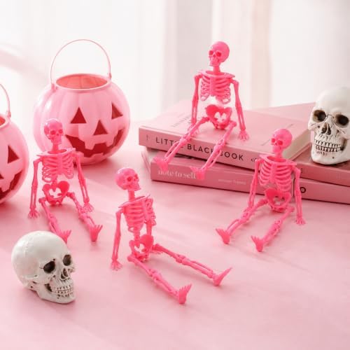 24 Pcs Pink Halloween Mini Skeleton, 6" Posable Skeleton Hanging Decor
