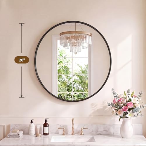 Bathroom Round Mirrors for Over Sink, 20 Inch Wall Circle Mirror with Matte Metal Frame, Modern Wall Mount Vanity