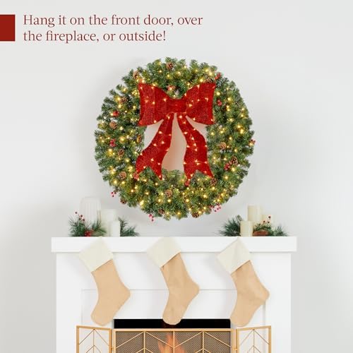 Best Choice Products 60in Pre-Lit Christmas Wreath w/Berries & Pinecones, Large Artificial Indoor/Outdoor Decor for Door, Mantel w/Red Bow, Plug-in