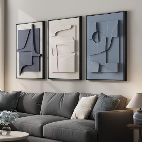 Large 3D Textured Framed Blue White Abstract Wall Art Set, 3 Piece 20x30 In