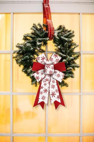 Hying 2 Pieces Christmas Bows for Wreath, Christmas Wreath Bow Glitter Red White Snowflake Bows Winter Xmas Tree Craft Bows Ornaments for Front Door New Year Christmas Party Decoration Supplies