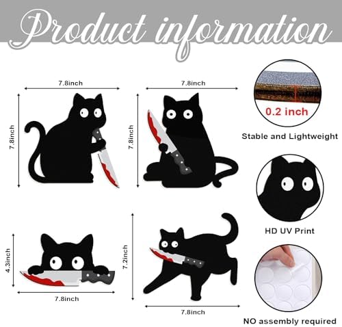 Kercan Halloween Black Cat Decor, 4 Pack Wooden Spooky Cat Wall Decorations, Funny Creepy Halloween Wall Door Window Decor for Home, Party and Haunted House