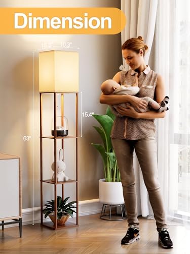 Floor Lamp with Shelves for Living Room Walnut Brown, Shelf Floor Lamp with 3 CCT LED Bulb, Corner Display Standing