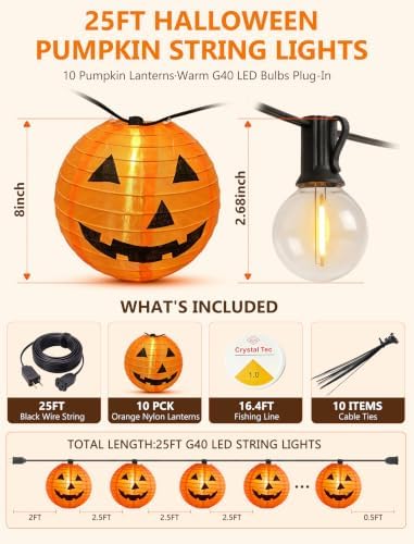 25FT Halloween Pumpkin Lantern String Lights, 10 Large Jack O'Lanterns