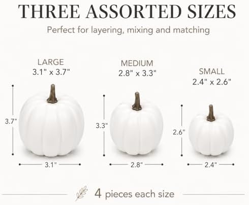 12-Pack Artificial White Mini Pumpkins in 3 Sizes for Fall Decorations