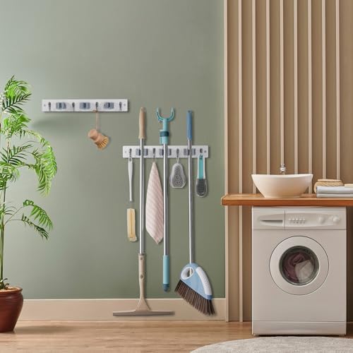 OUTNILI 2 Pack White Mop Broom Holder Wall Mount with 3 Slots & 4 Hooks - Rustic Wood Broom Mop Hanger for Pantry