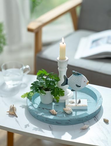 Hanobe Round Wood Candle Holder Tray, Ocean Blue Coastal Coffee Table Decor