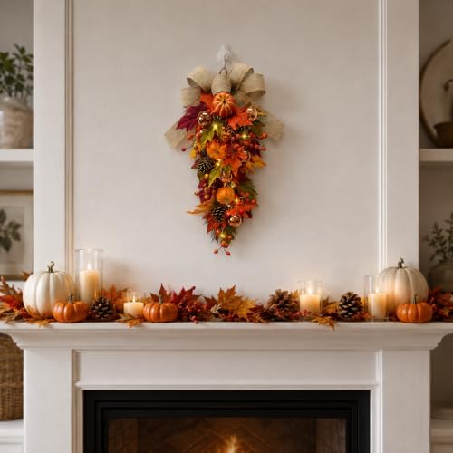24" Pre-Lit Fall Teardrop Swag with 15 LED Lights & Timer, Pumpkins, Maple Leaves, Pinecones & Burlap Bow, Battery Operated Autumn Door Swag for Thanksgiving & Halloween Decor