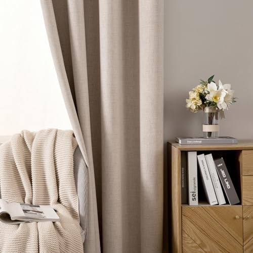 MIULEE 100% Blackout Linen Curtains for Bedroom 52x95 Inches Natural Beige