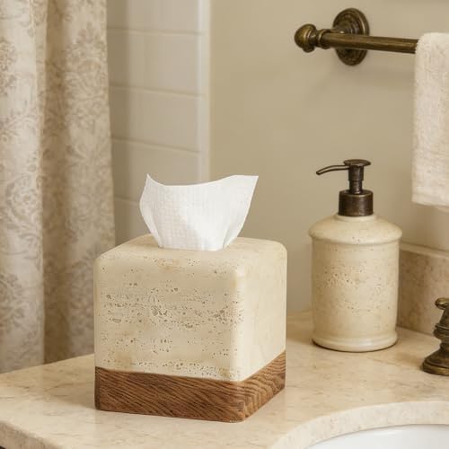 Travertine Match Wooden Square Tissue Box Cover Decorative / Travertine&wooden / Boho / Natural