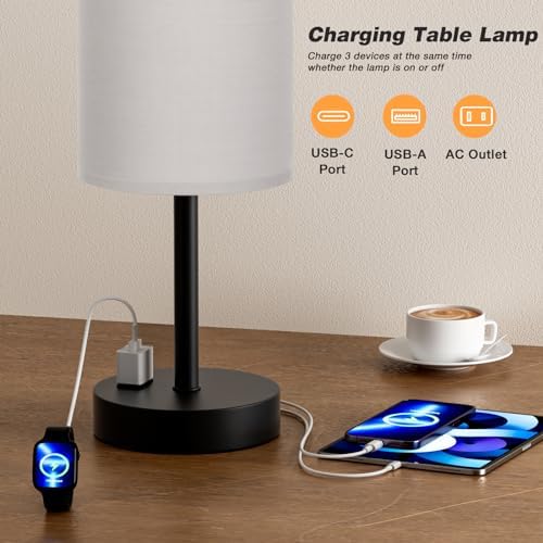Fenmzee 17.4" Grey Lamp for Bedroom - Dimmable Touch, USB A+C, AC Outlet