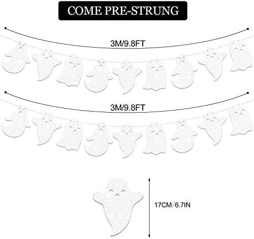 2 Pack Glittery Halloween Hanging Ghost Banners Halloween Party White Ghost Garland Party Banner for Haunted Houses Home Decorations Supplies White