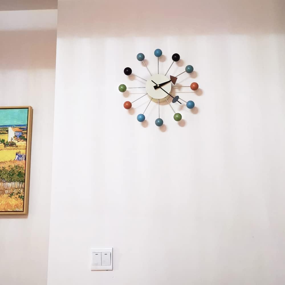 Wood Ball Wall Clock 13 Inch, Mid Century Modern | Battery Operated, Silent Non-Ticking, POP Color, Metal Frame, Decor