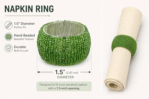 Green Beaded Napkin Rings Set of 6 – Luxury Decorative Napkin Holders for Dining Table, Wedding, Party & Festive Table Decor – Elegant Handmade Bead Design, Durable & Reusable