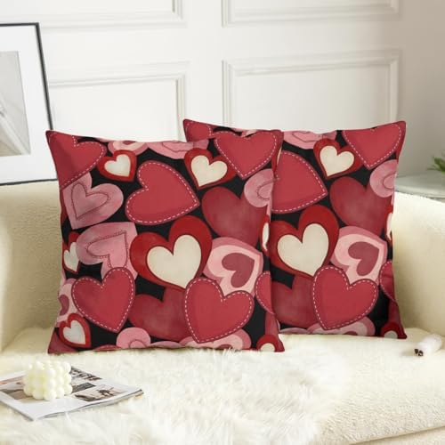 Valentine Day Throw Pillow Covers 16x16 Set of 2 Red Black Pink Love Hearts Pillow Cover Valentines Outdoor Holiday Decorative Pillow Cases for Couch Sofa Home