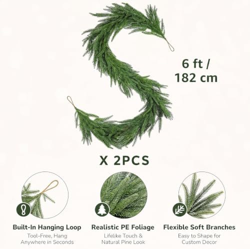 2Pcs 6ft Real Touch Christmas Cedar Garland，Norfolk Pine Garland
