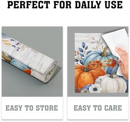 Thanksgiving Placemats Set of 4 18x12 Inch Fall Blue Pumpkin Linen Place Mats Heat-Resistant Washable Wipeable Autumn Leaf Floral Wood Grain Table Mat for Party Kitchen Dining Room Dinner Table Decor